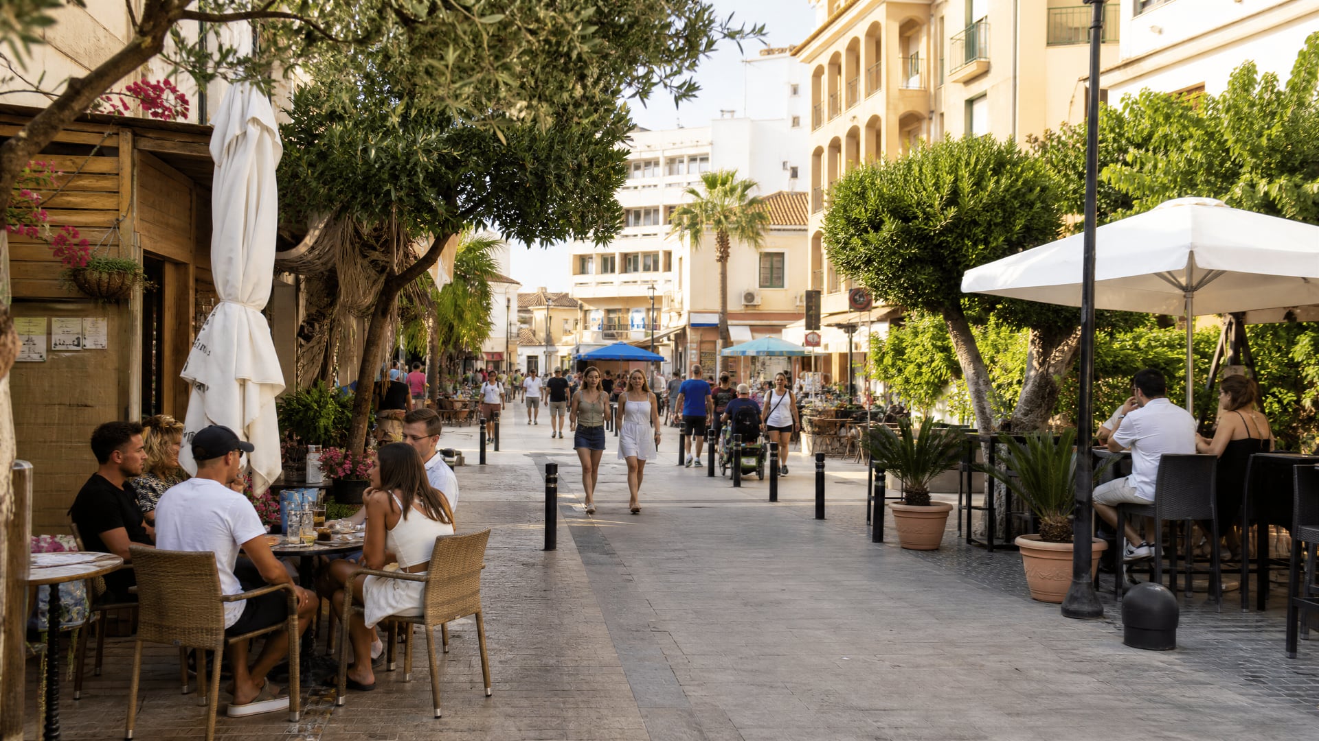 Palmanova side street with cafés, signage, and everyday cannabis club neighborhood context