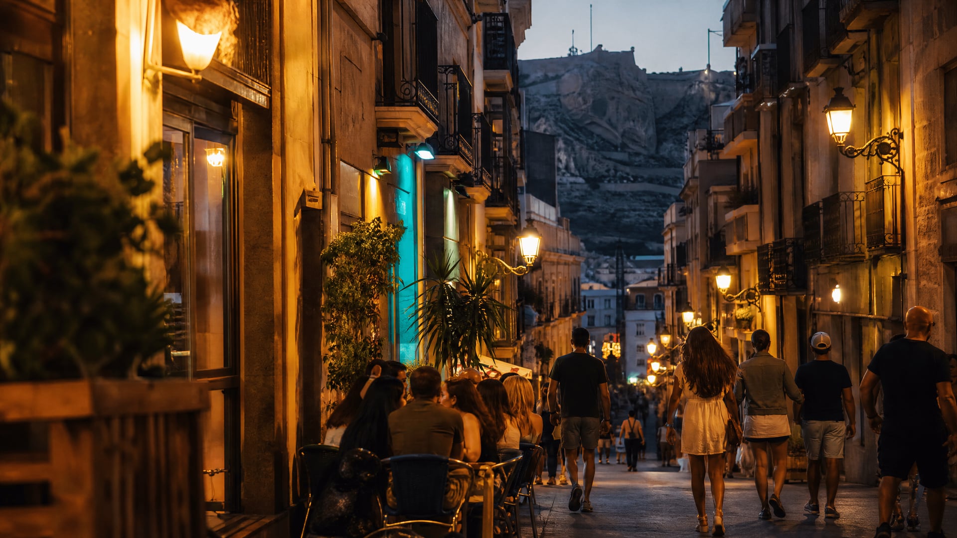Alicante old street with evening walkers near the cannabis social club city context