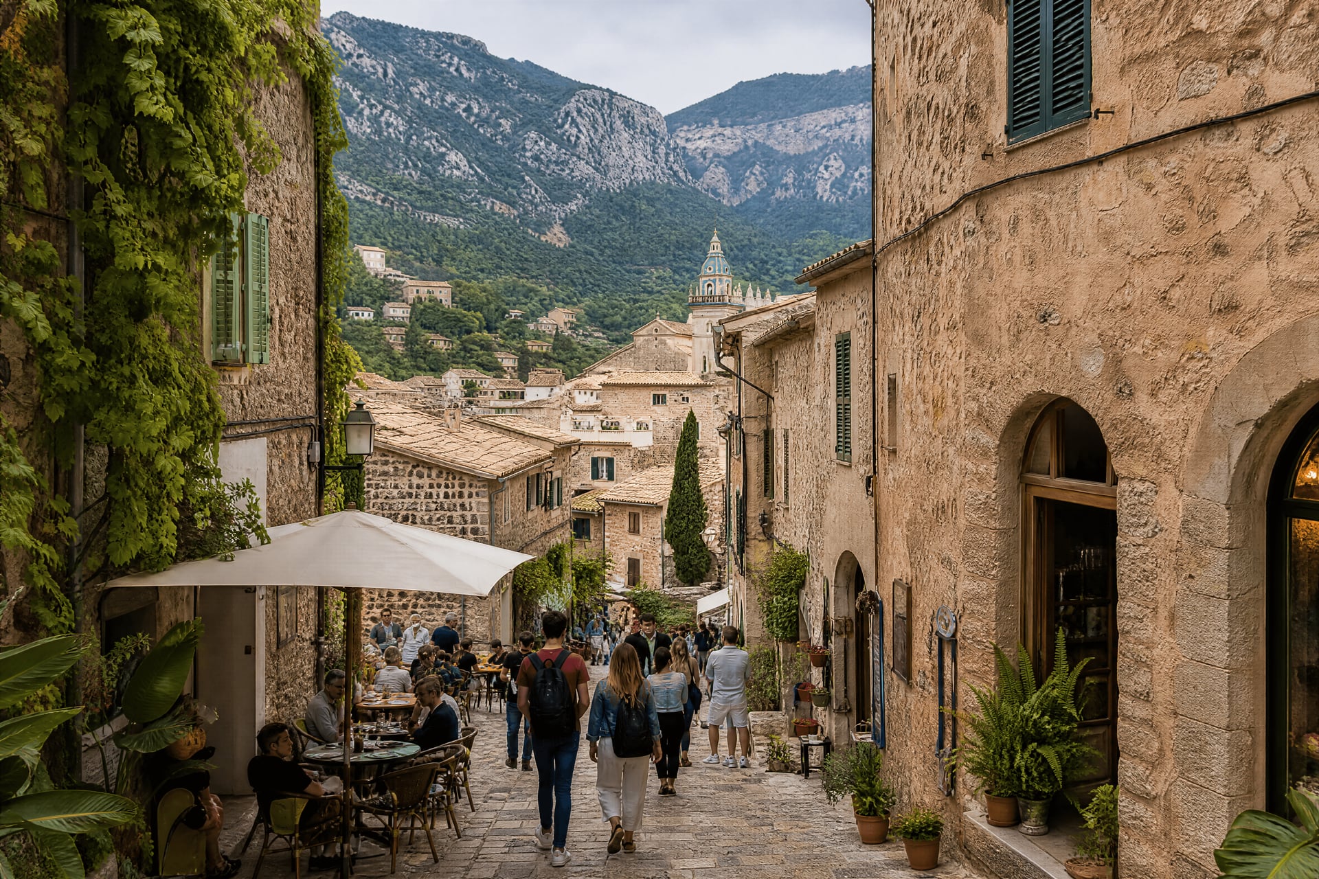 Valldemossa old town street with cannabis social club context and daily local life