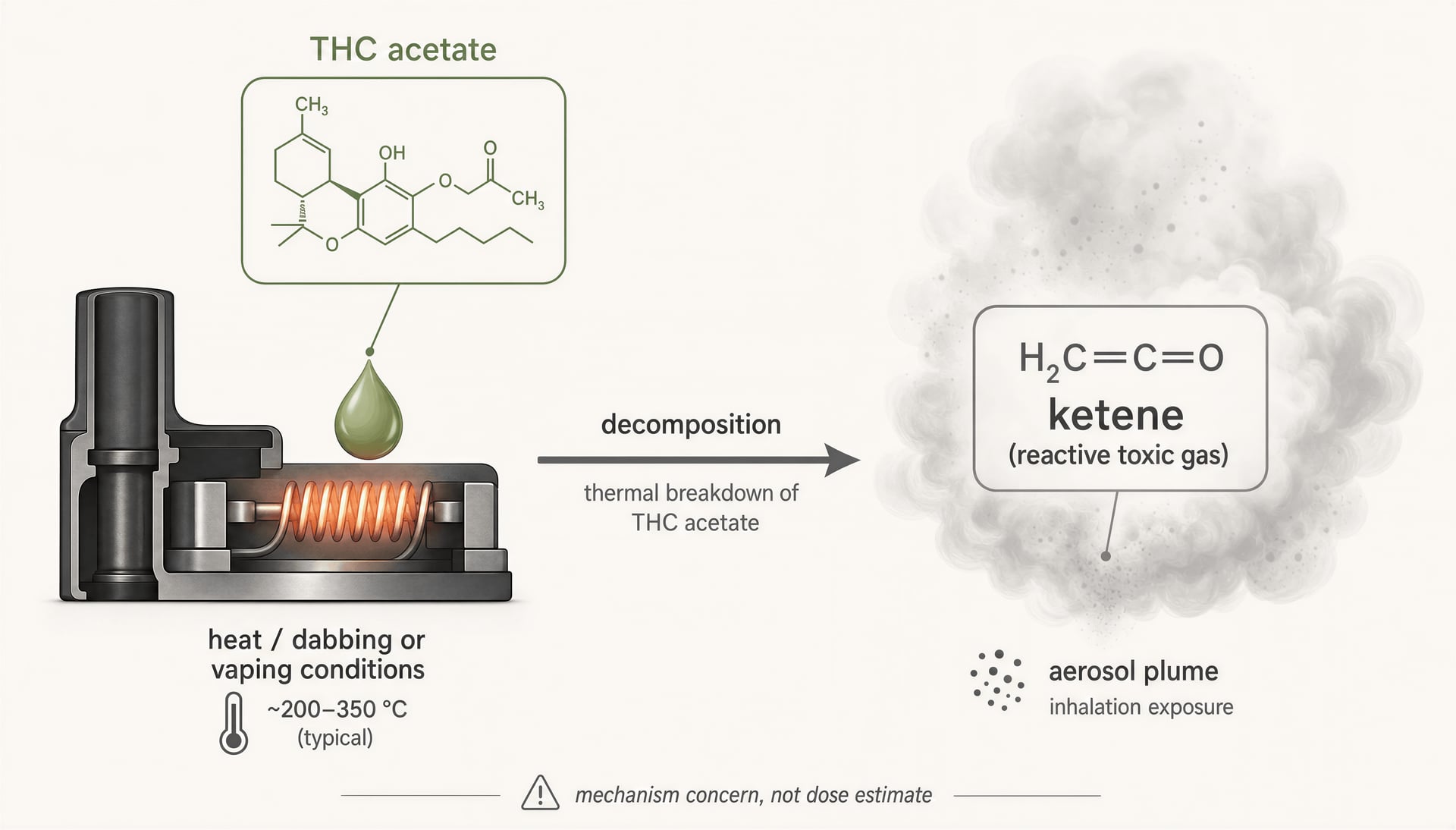Diagram showing a cannabinoid acetate heated in a vape device with ketene identified as a possible breakdown product.