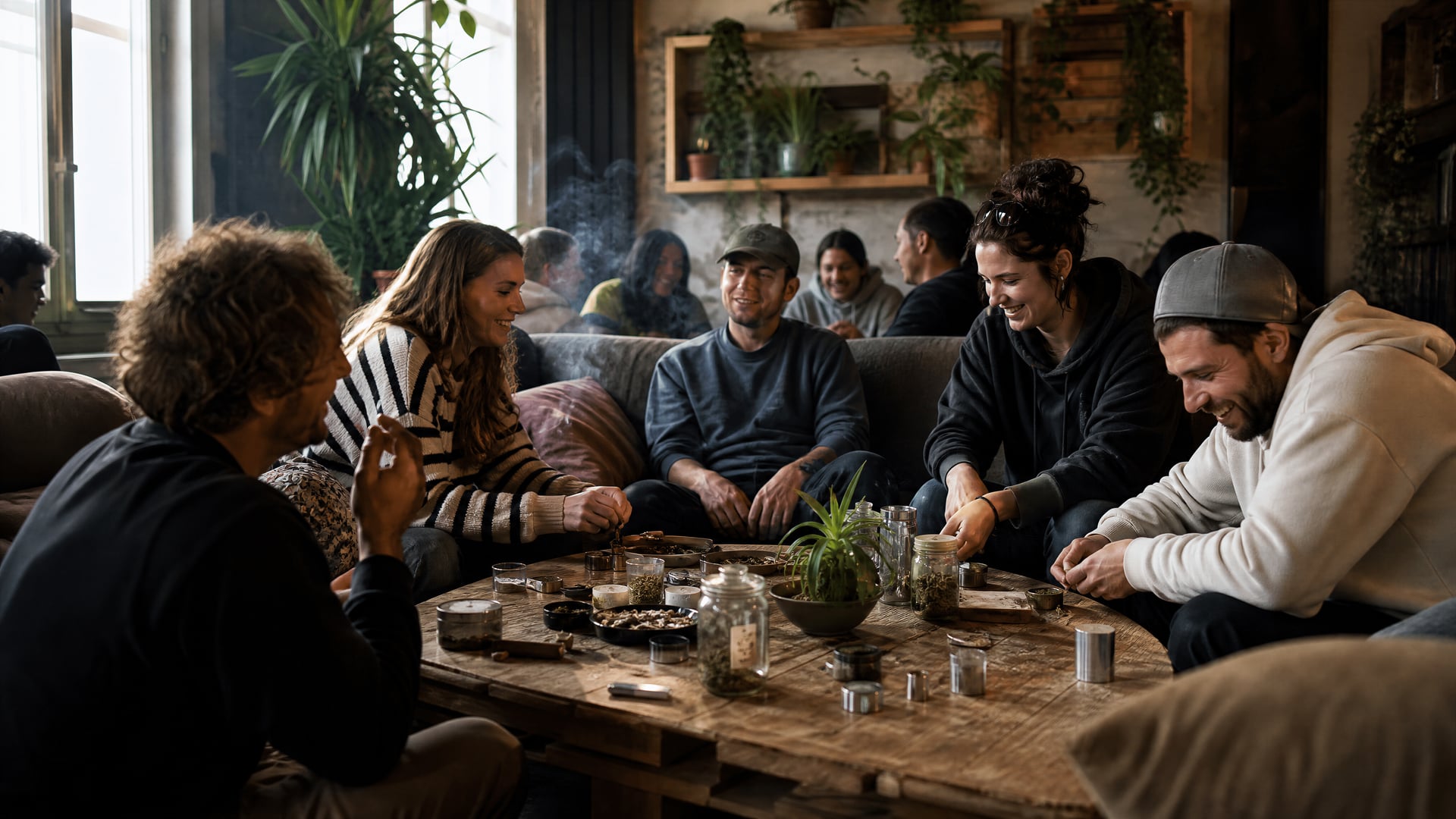 Swiss neighborhood street with trams and cannabis social club atmosphere