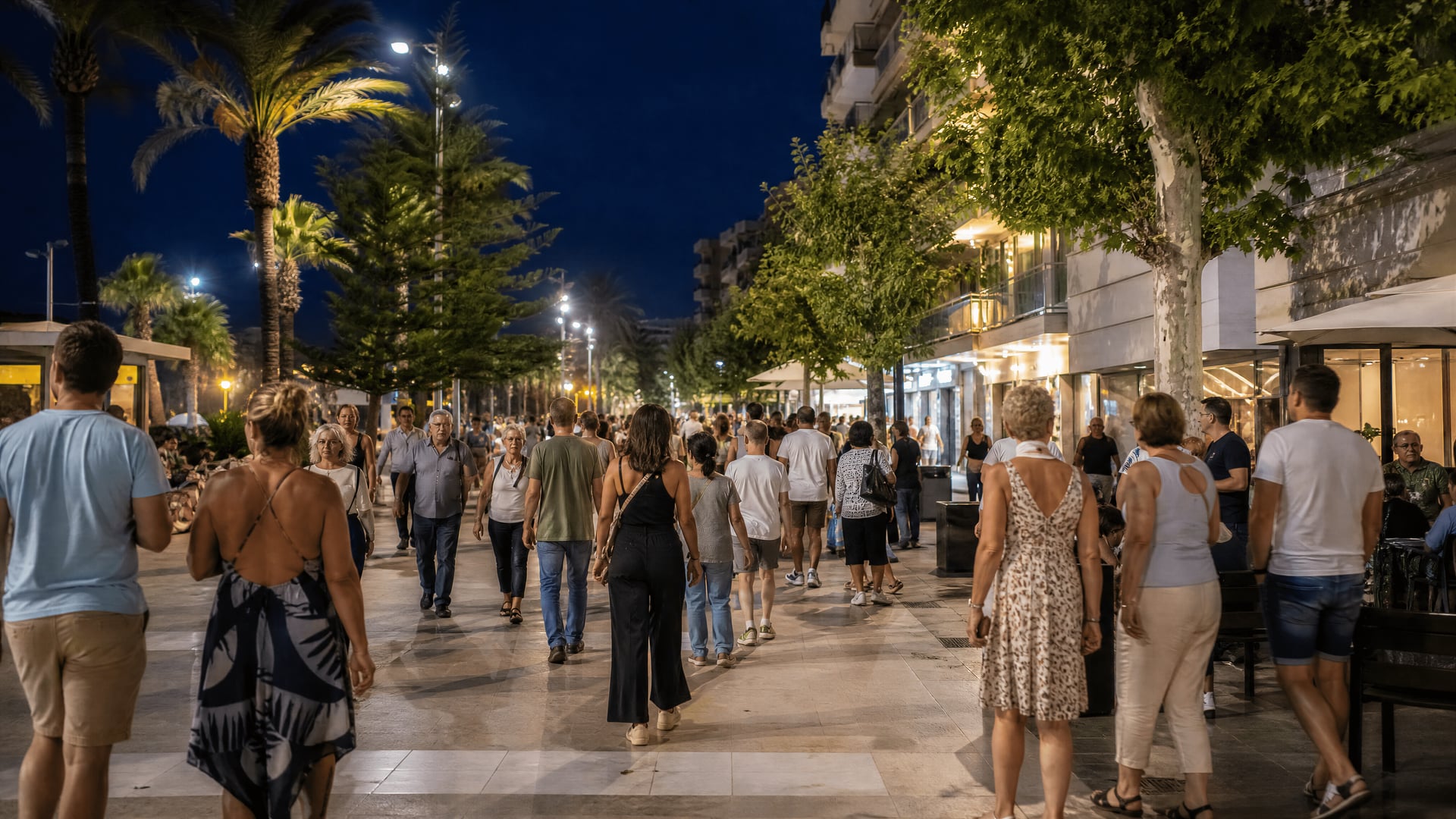 Cena de rua do centro de Salou perto de clubes locais e tráfego pedonal noturno