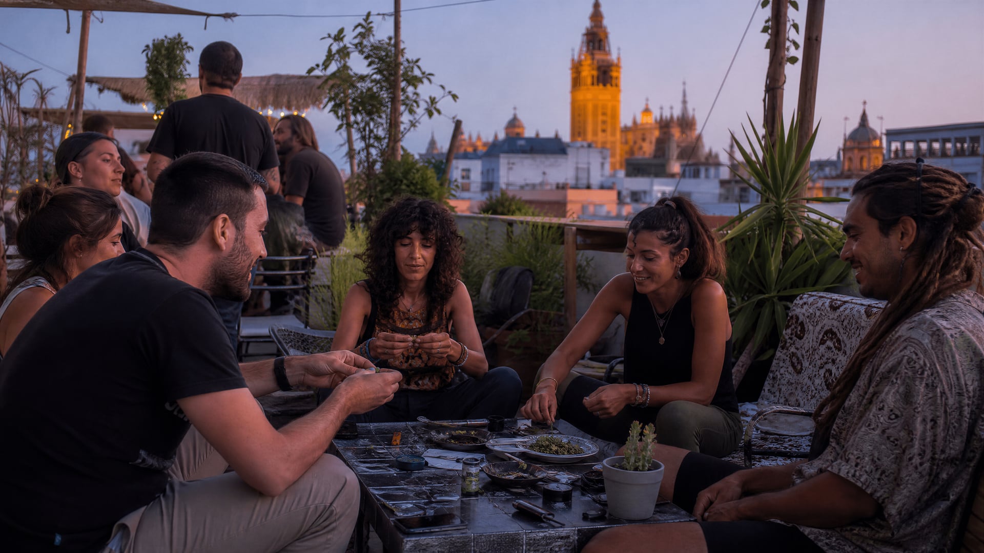 Evening Alameda streets with Seville cannabis social club context and locals