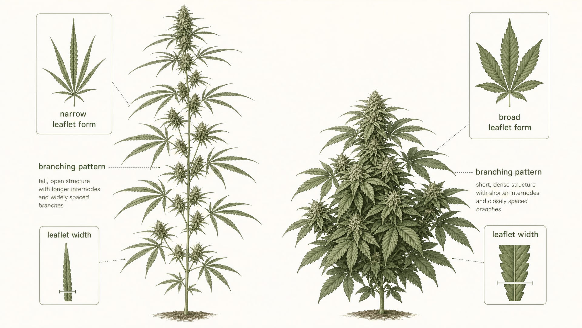 Illustration comparing narrow-leaflet and broad-leaflet cannabis plant forms
