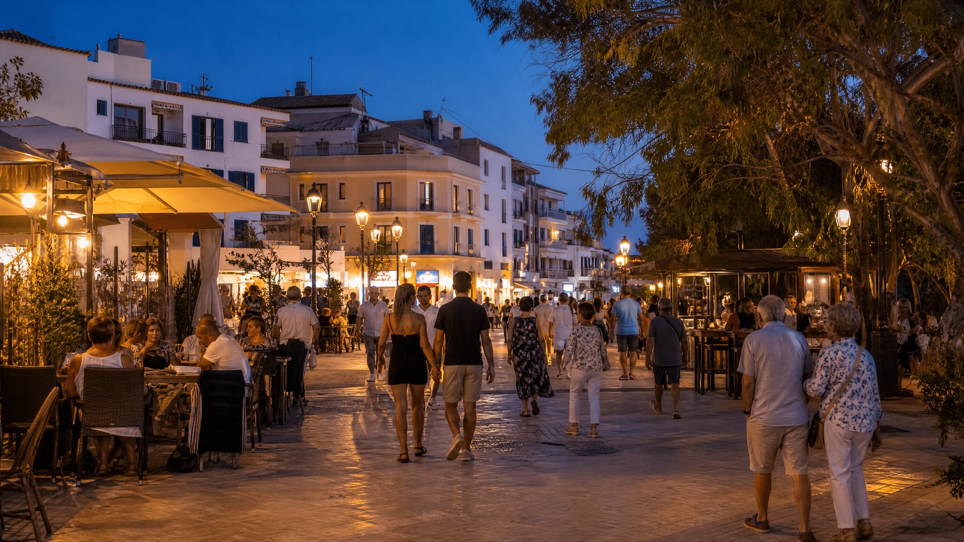 Strade del centro di Cala Ratjada con persone che passeggiano la sera e contesto locale del club della cannabis