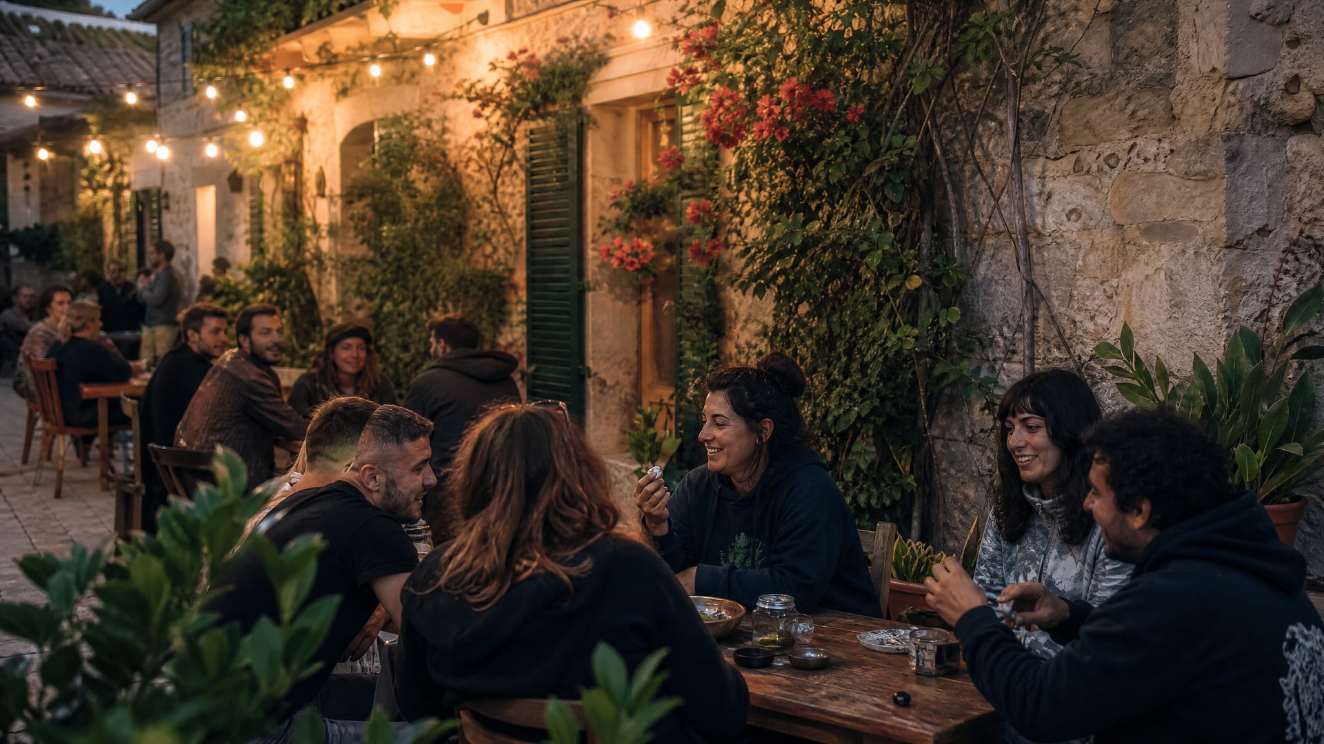 Son Servera evening terrace with locals and cannabis club neighborhood atmosphere