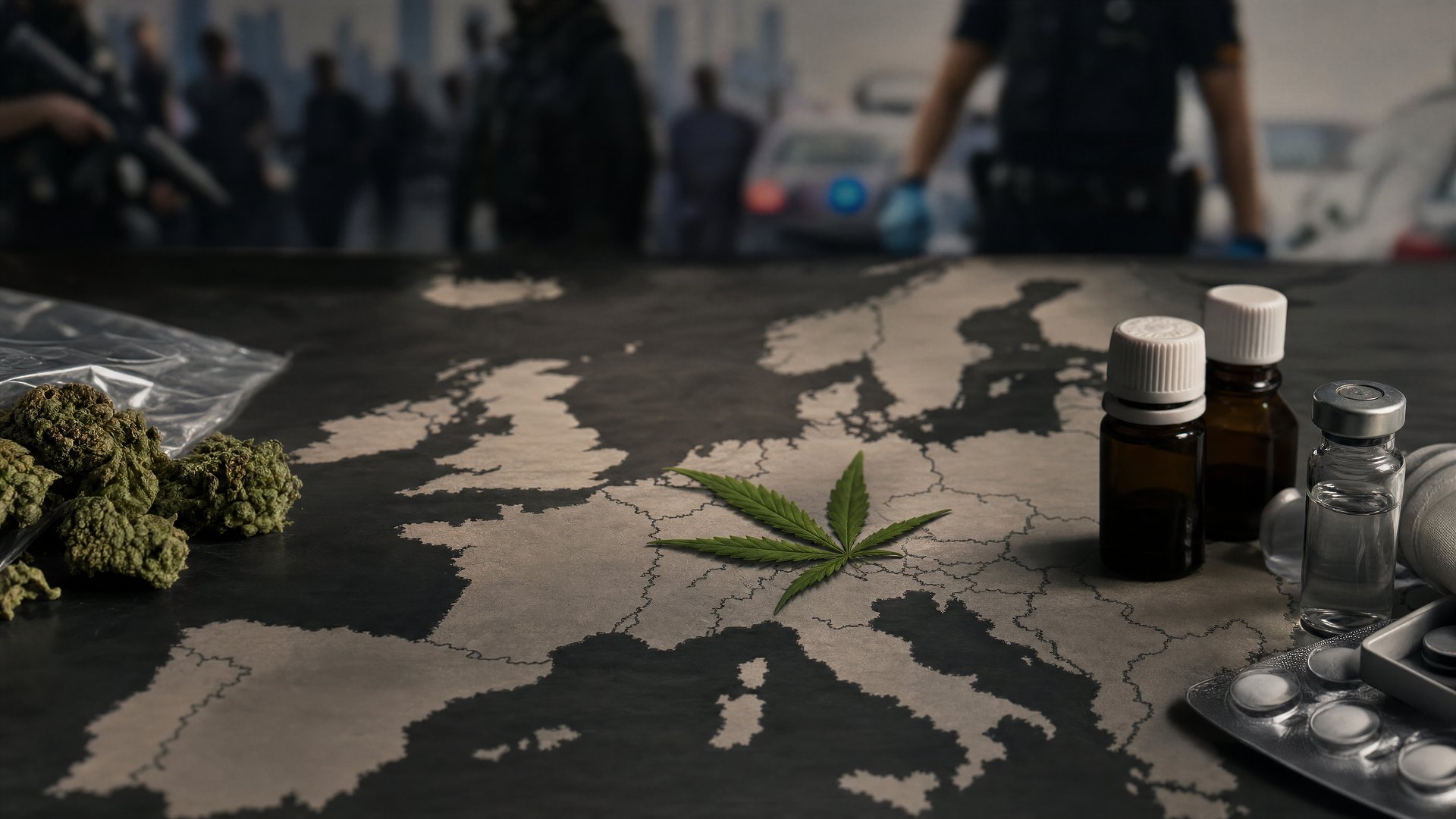 A map of Europe with abstract markers, routes and public-health symbols representing the EU drug market.