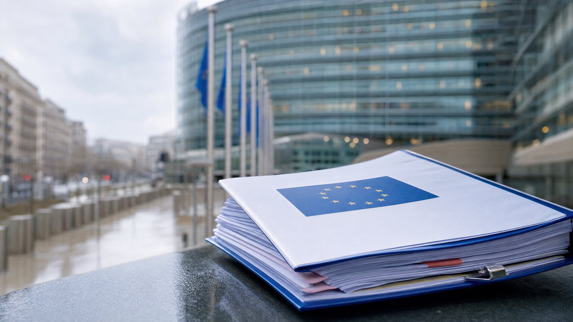 Editorial scene of EU policy papers beside a Brussels institutional building.