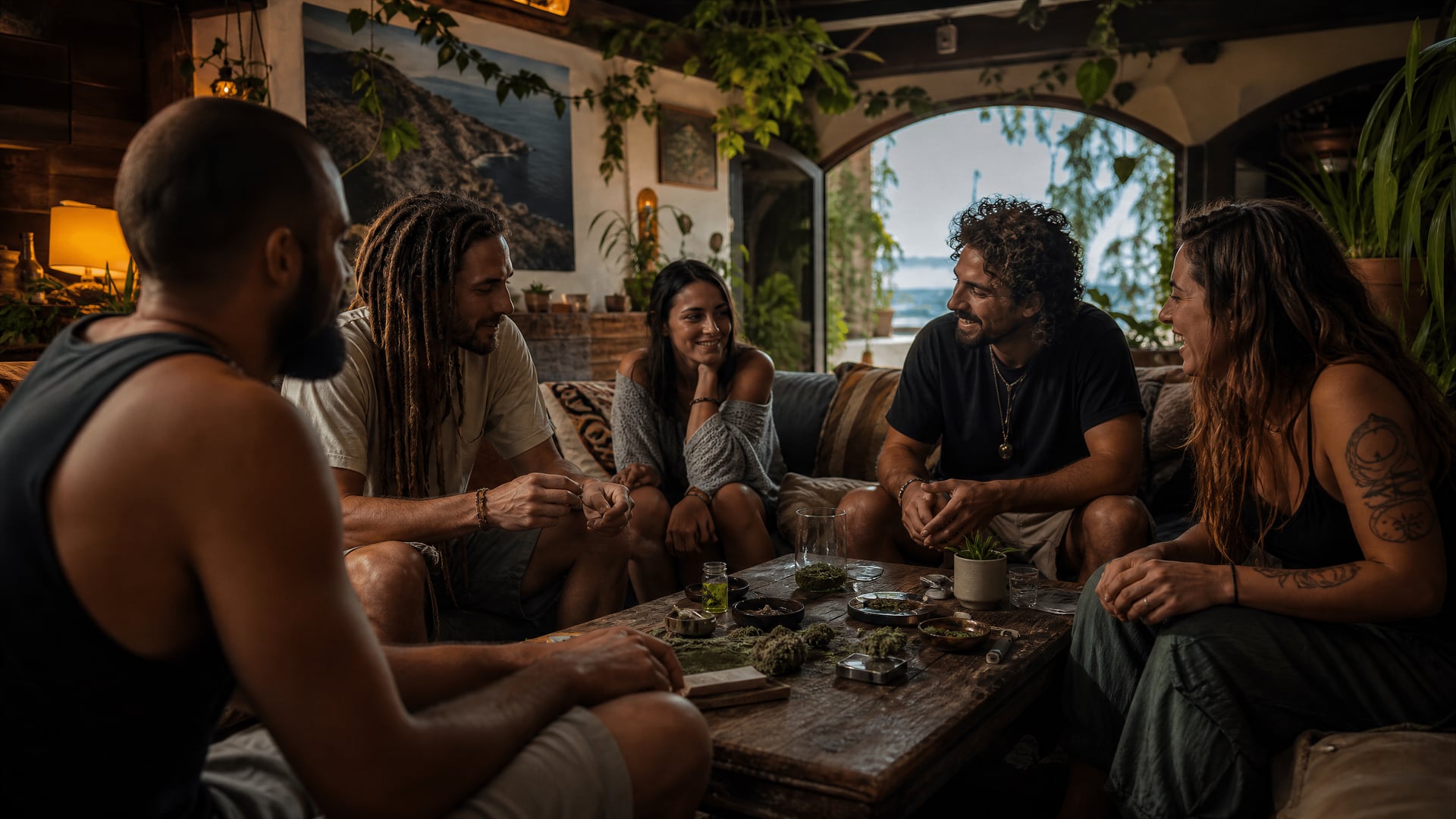 Des membres se réunissent dans une salle chaleureuse de club social de cannabis à Formentor