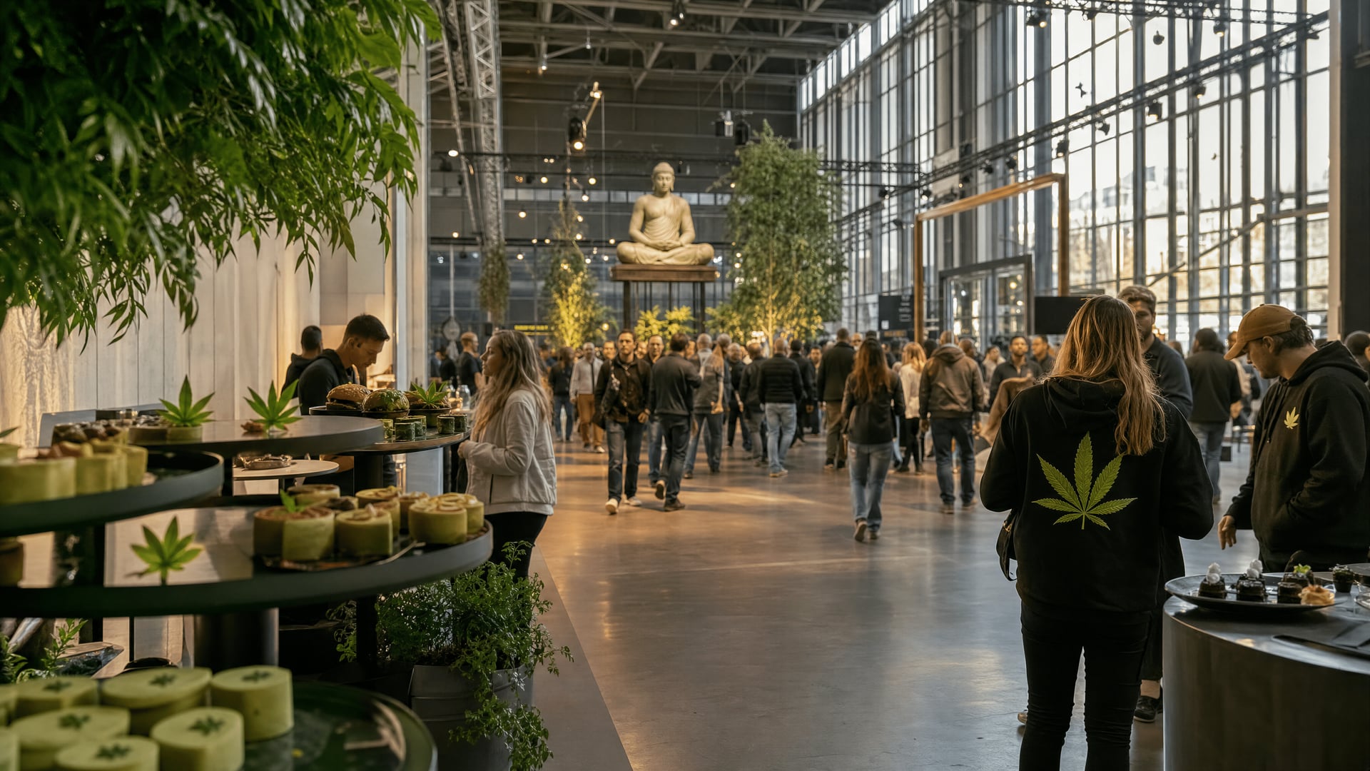 A Berlin trade-fair entrance hall with visitors, display stands, and cannabis-themed food at Mary Jane Berlin.
