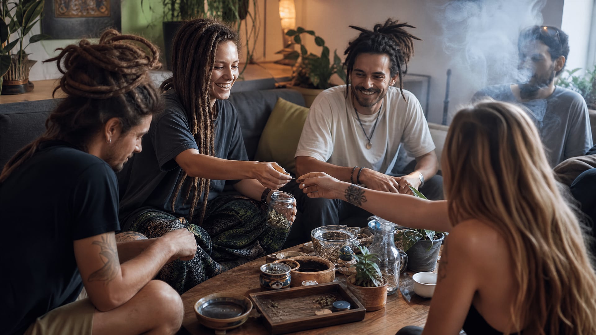 Bureaustoelscène in Paguera in directorystijl met kaarten, notities en context van Cannabis Social Club