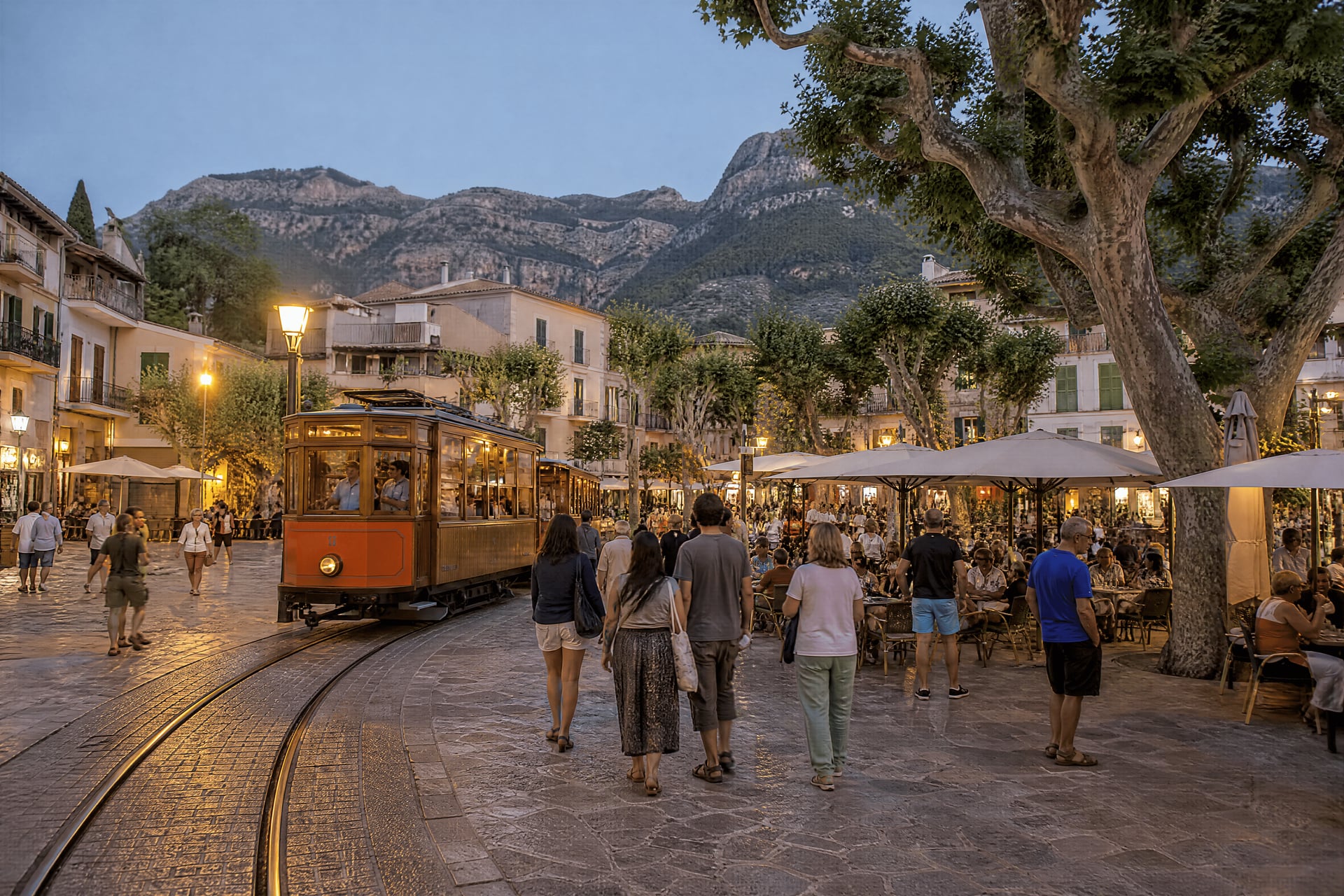 Plaça Constitució in Sóller, with cannabis social club guide context and everyday street life