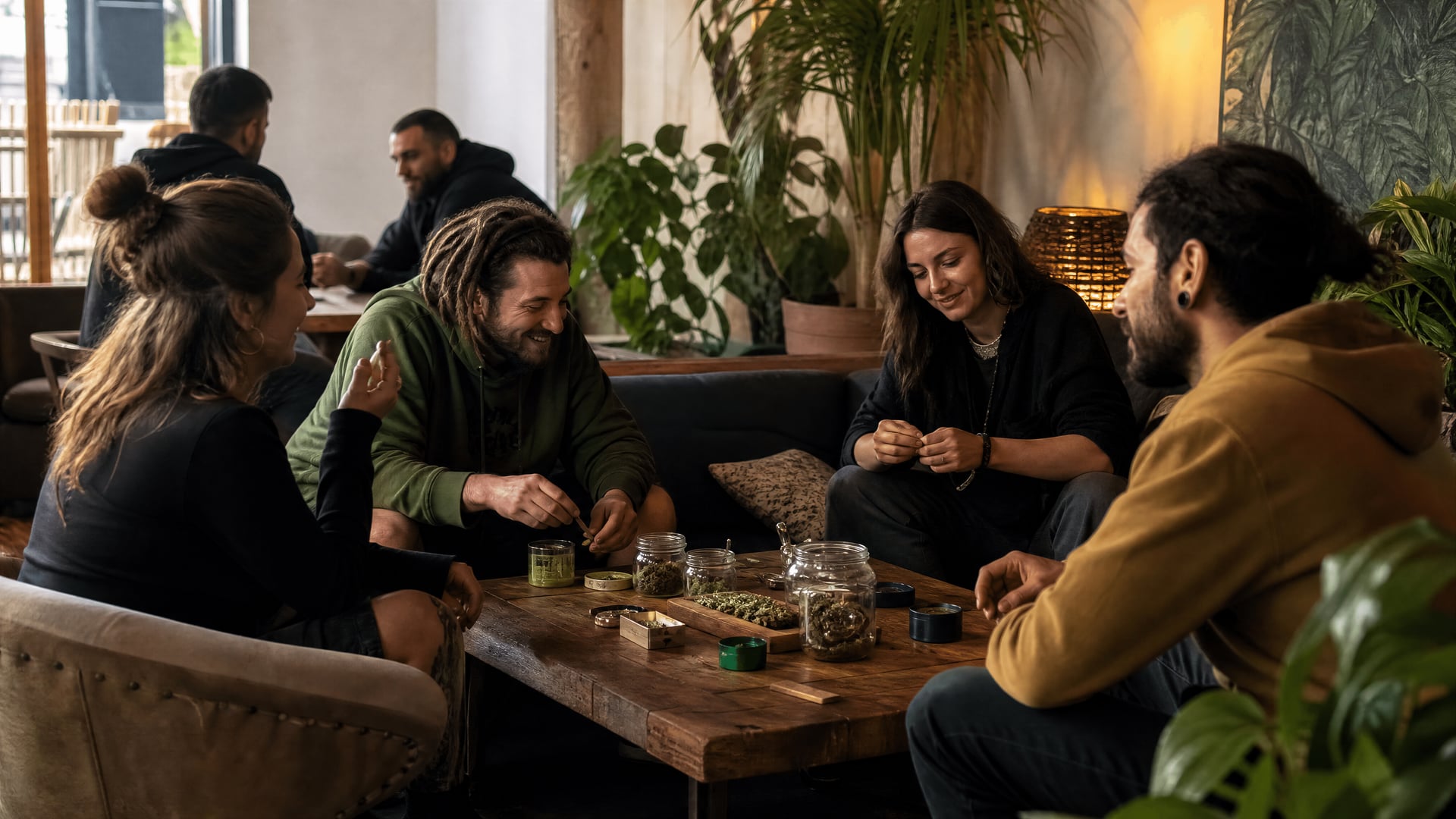 Cosy Son Servera cannabis social club lounge with members talking quietly