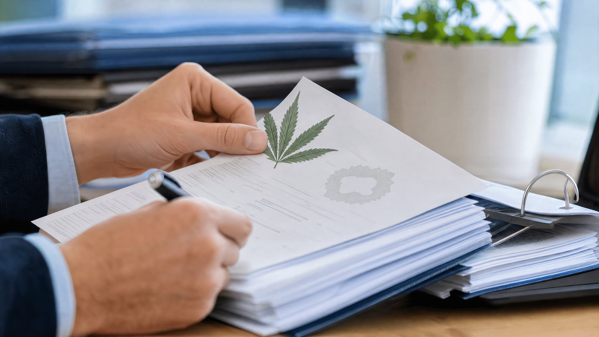 Bajor tervezési hivatal az asztalon kannabisz-termesztő egyesületi engedélypapírokkal