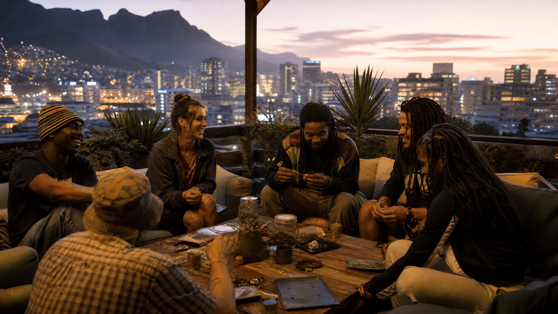 South Africa terrace gathering at a cannabis social club with city lights nearby