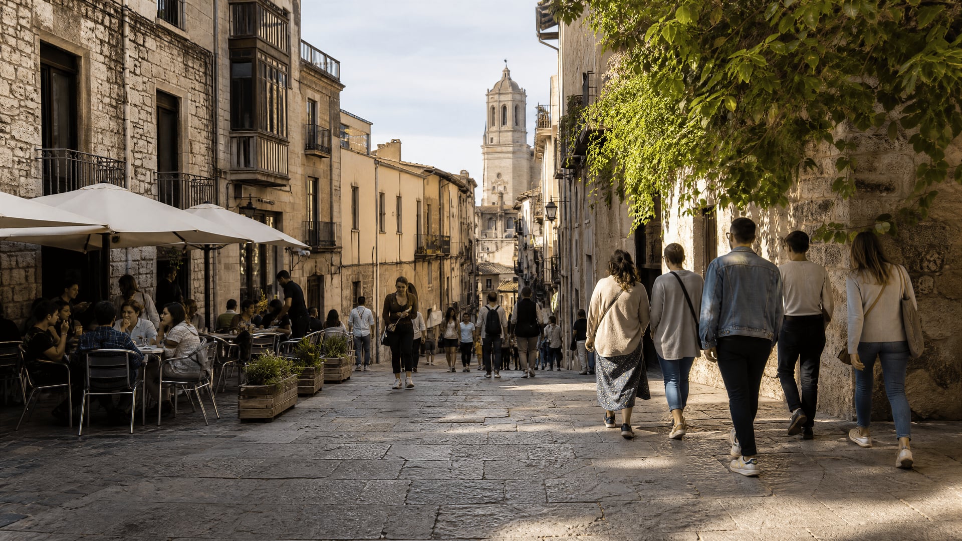 Walkable Girona street scene with everyday movement near cannabis club neighborhoods