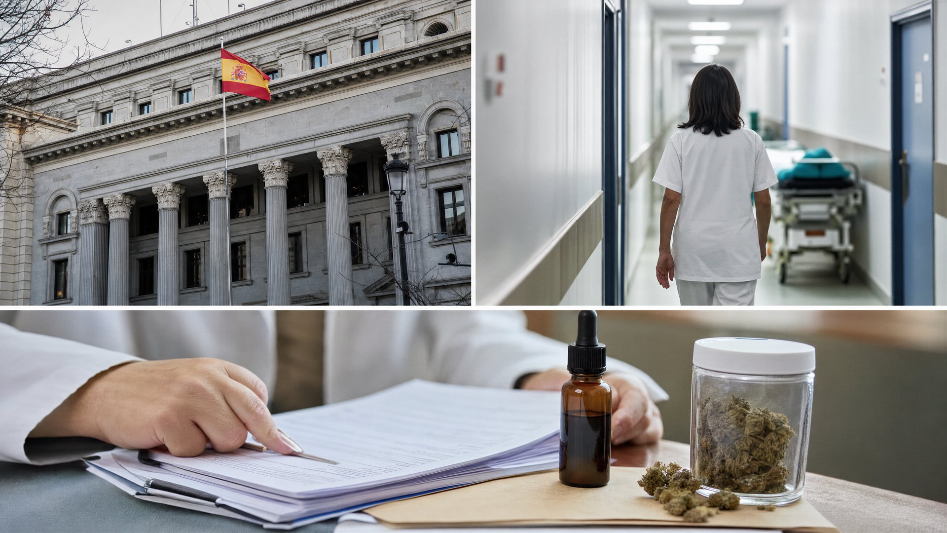 Editorial scene showing a ministry building, hospital wing, and compliance documents.