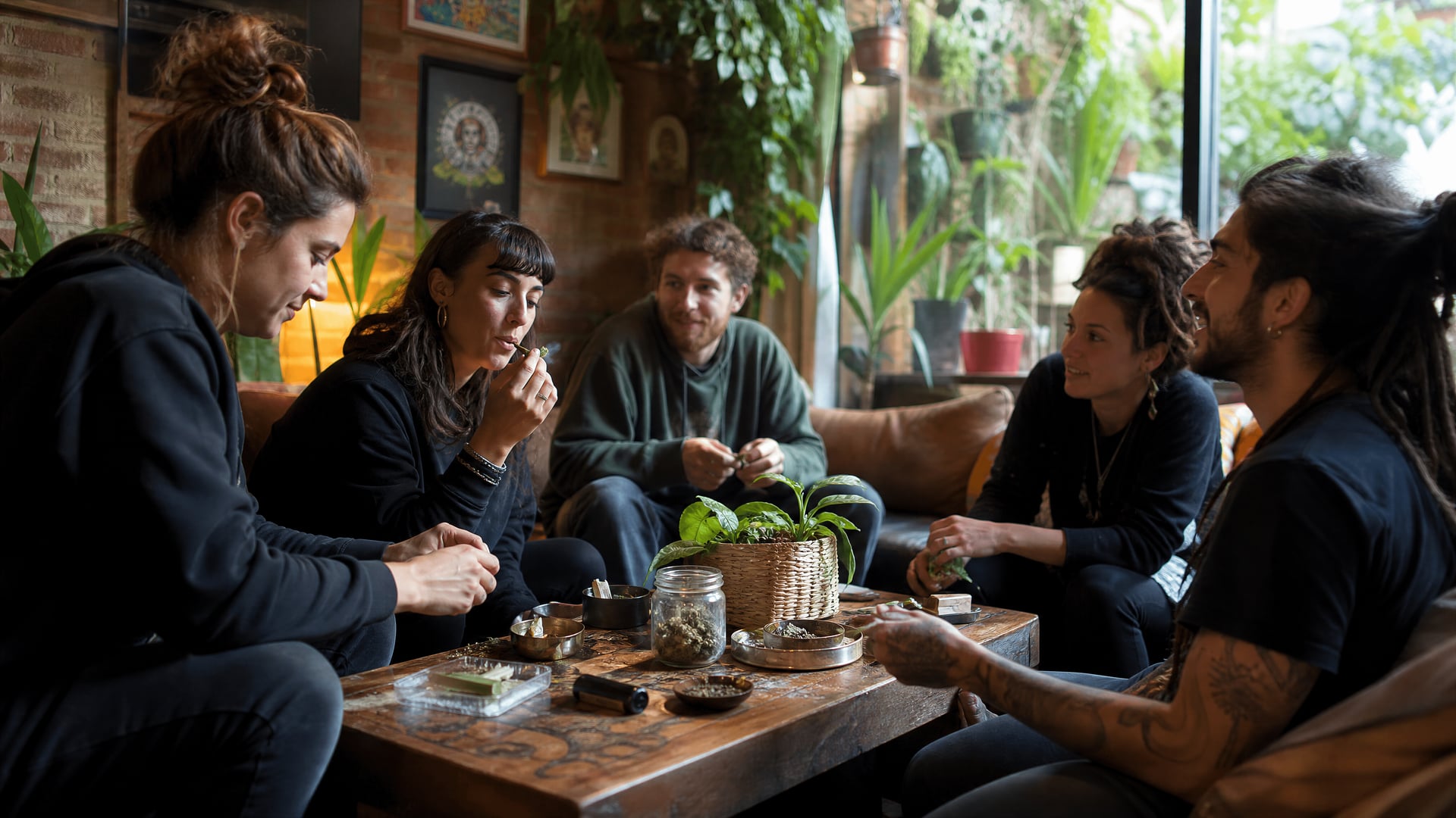 Cozy Girona cannabis social club lounge with members and low tables