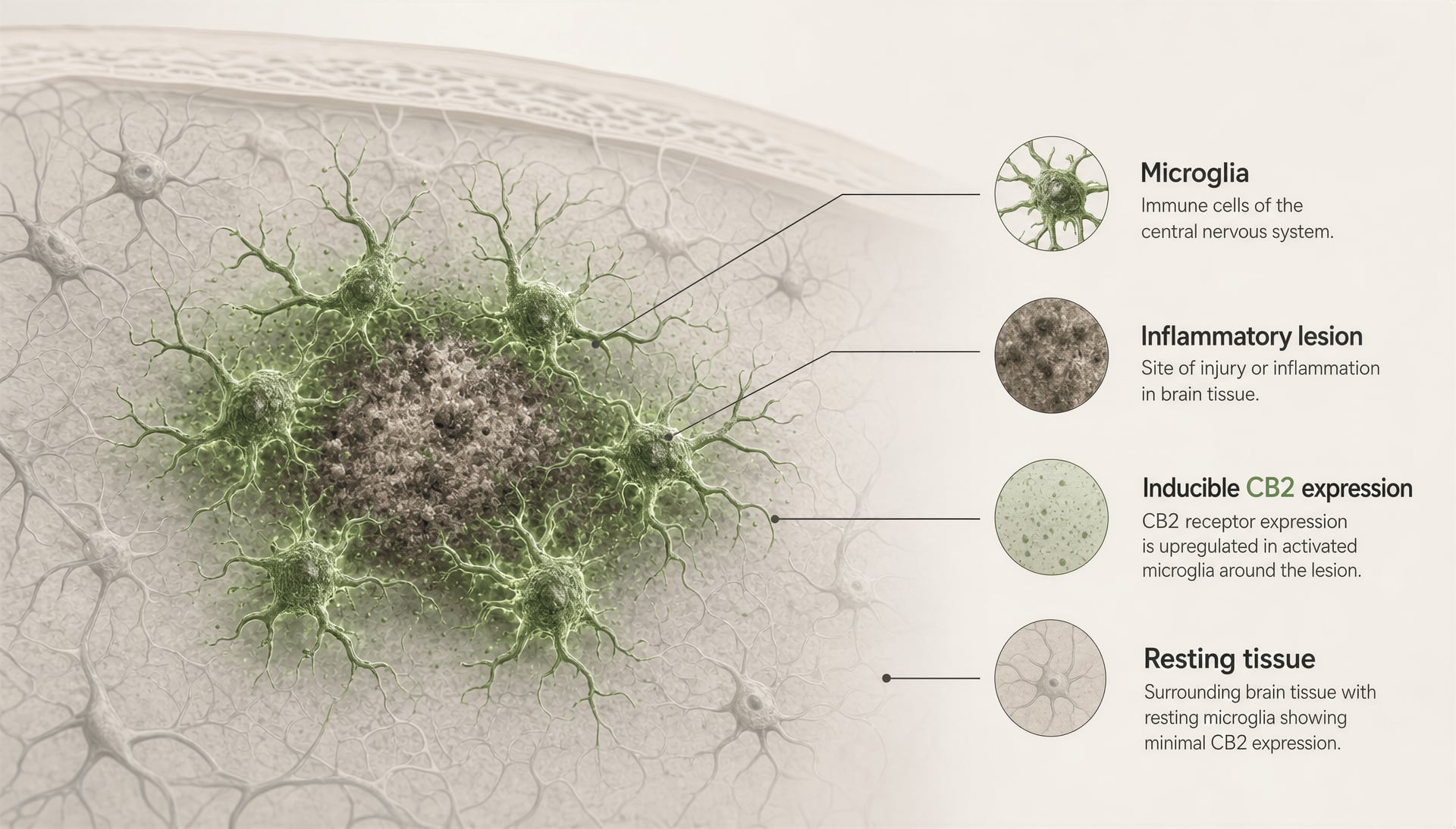 Illustration of activated microglia around an inflamed area of brain tissue with CB2 expression highlighted